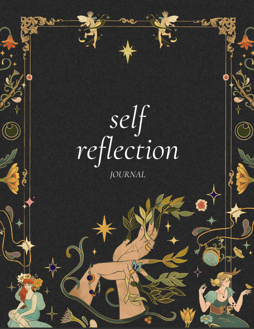 "Cover of Self-Reflection Journal with the words self, reflection, and JOURNAL stacked in minimalist typography – clean black and white aesthetic design for printable journaling, daily gratitude, and personal growth."
