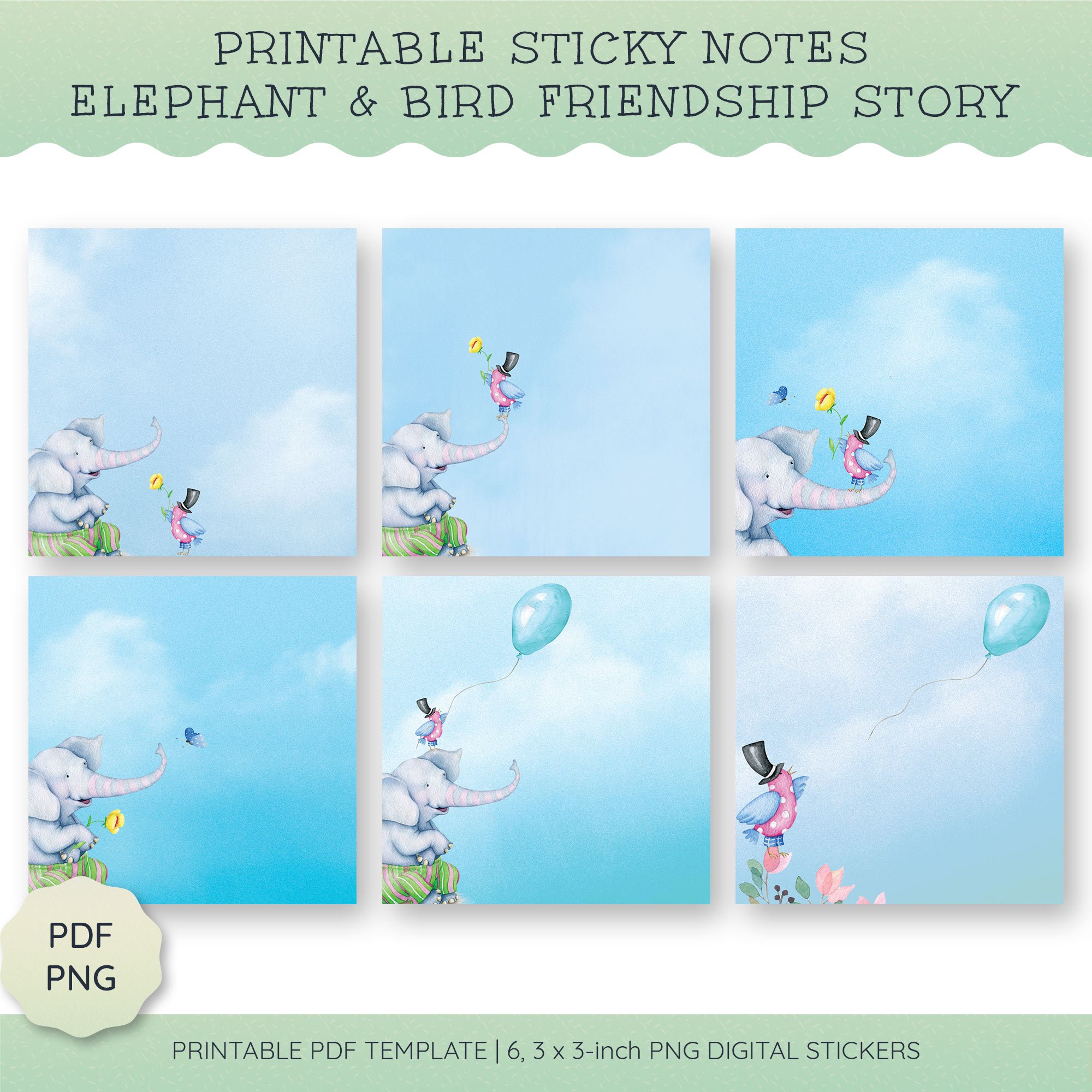 Printable Sticky Notes - An Elephant & Bird Friendship