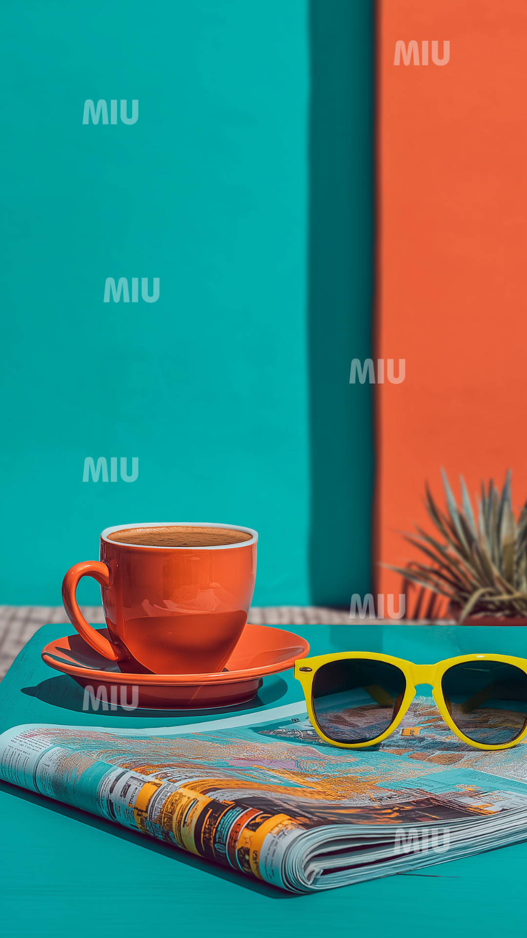 Tasse de café orange posée sur une table turquoise avec lunettes de soleil et magazine, symbole de pause café et de vacances créatives.