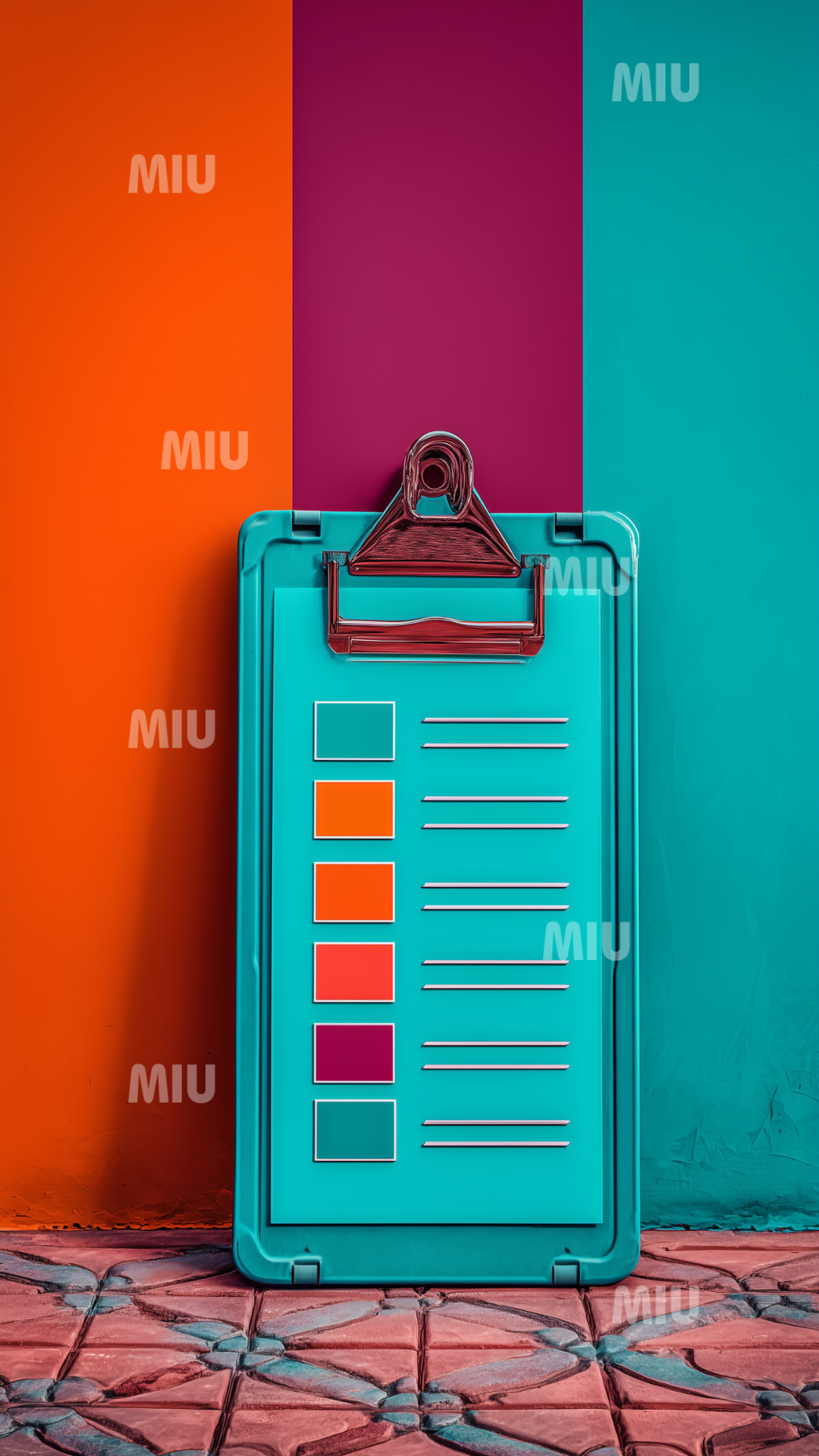 To do liste organisation créative sur clipboard turquoise avec codes couleur, fond orange et vert, symbole de planification et de productivité.