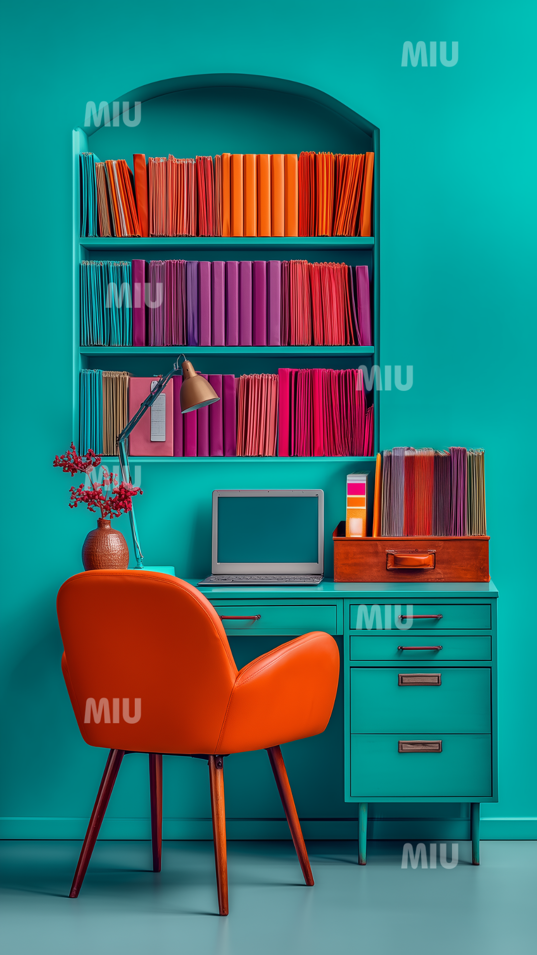 Bureau créatif organisé avec étagères de dossiers colorés, chaise orange, meuble turquoise et ordinateur portable, ambiance d’organisation et d’inspiration.