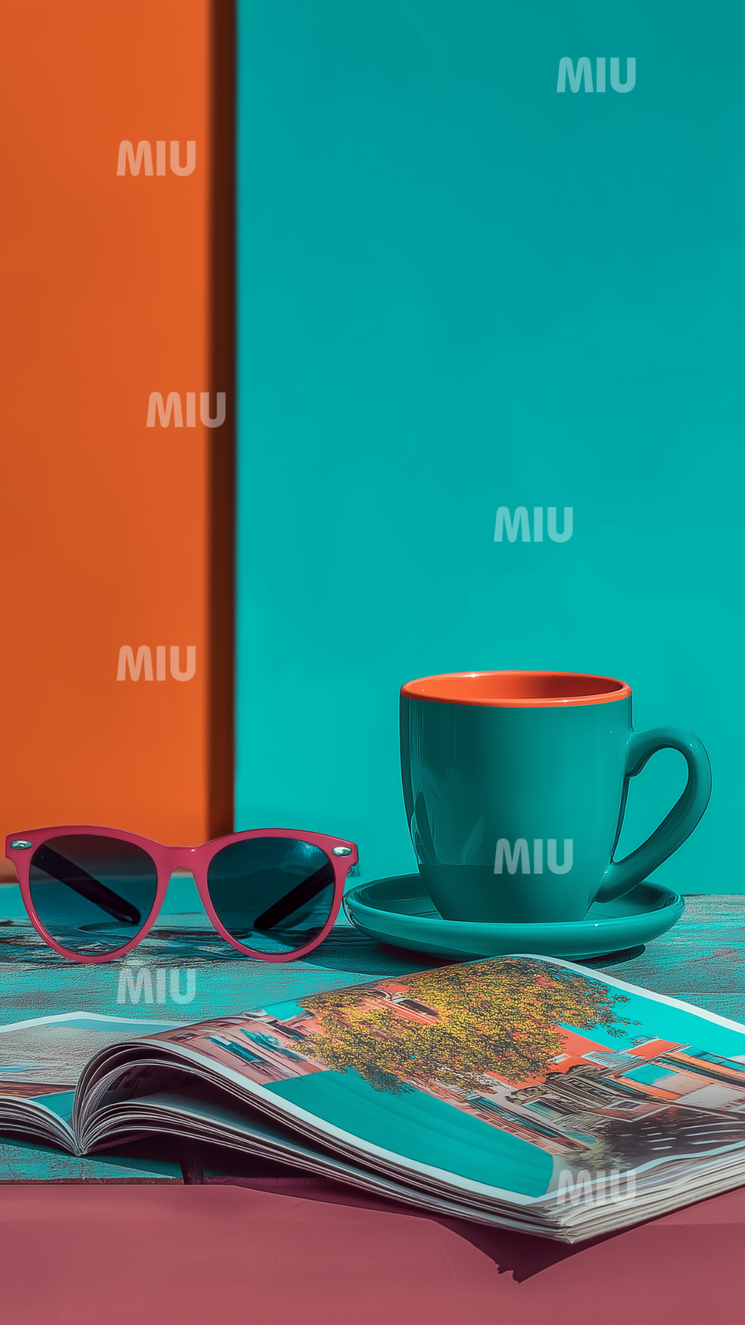 Tasse de café turquoise avec intérieur corail, lunettes roses et magazine ouvert sur une table colorée, ambiance pause vacances et détente créative.