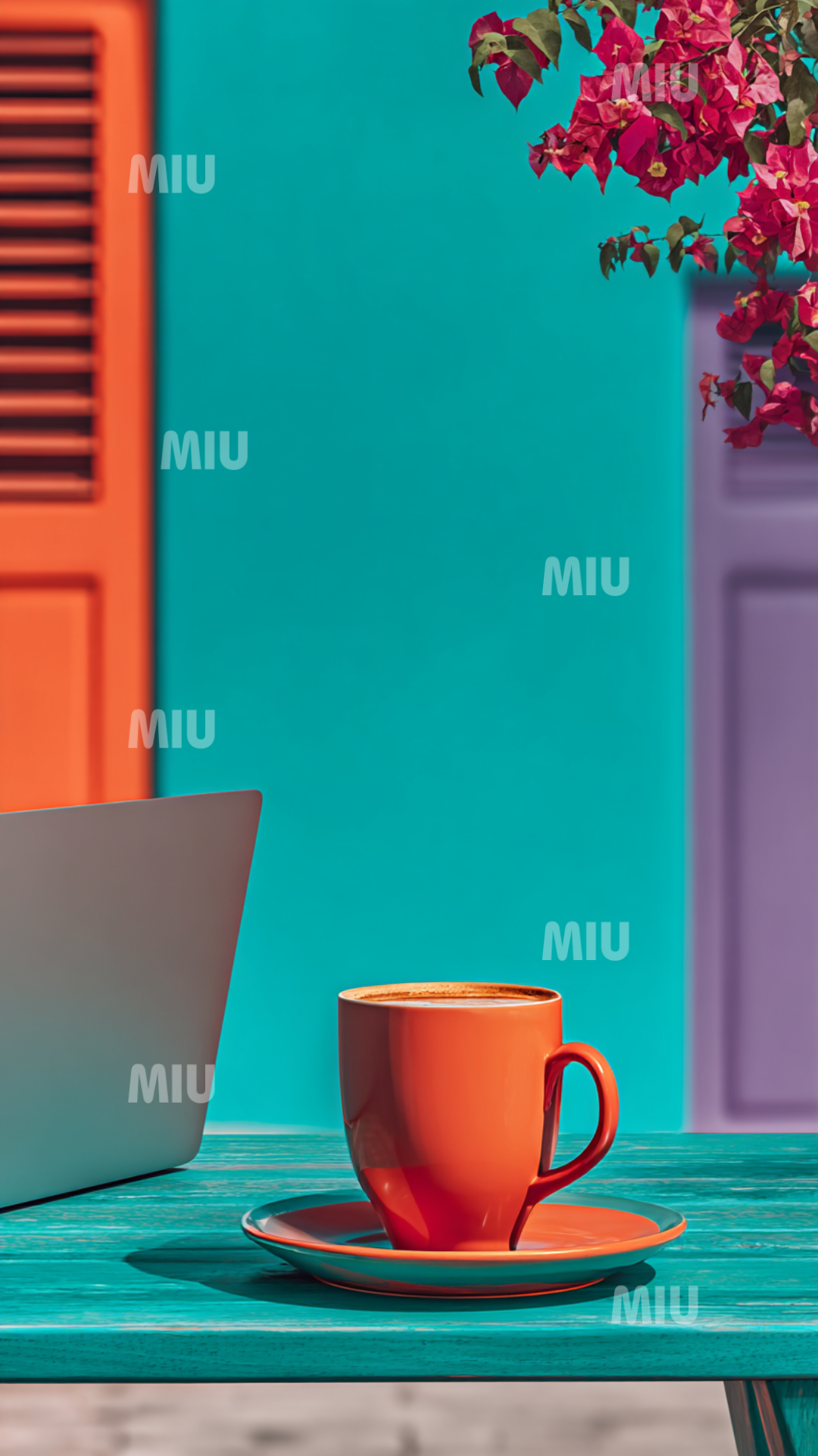 Tasse de café orange sur une table turquoise devant un ordinateur portable, ambiance pause travail créative et productive.