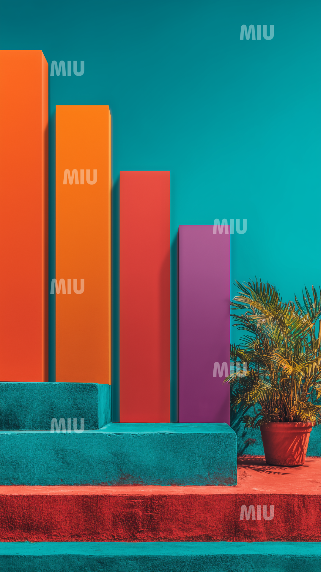 Graphique de croissance coloré avec barres verticales et plante en pot, symbolisant une évolution durable et stratégique.