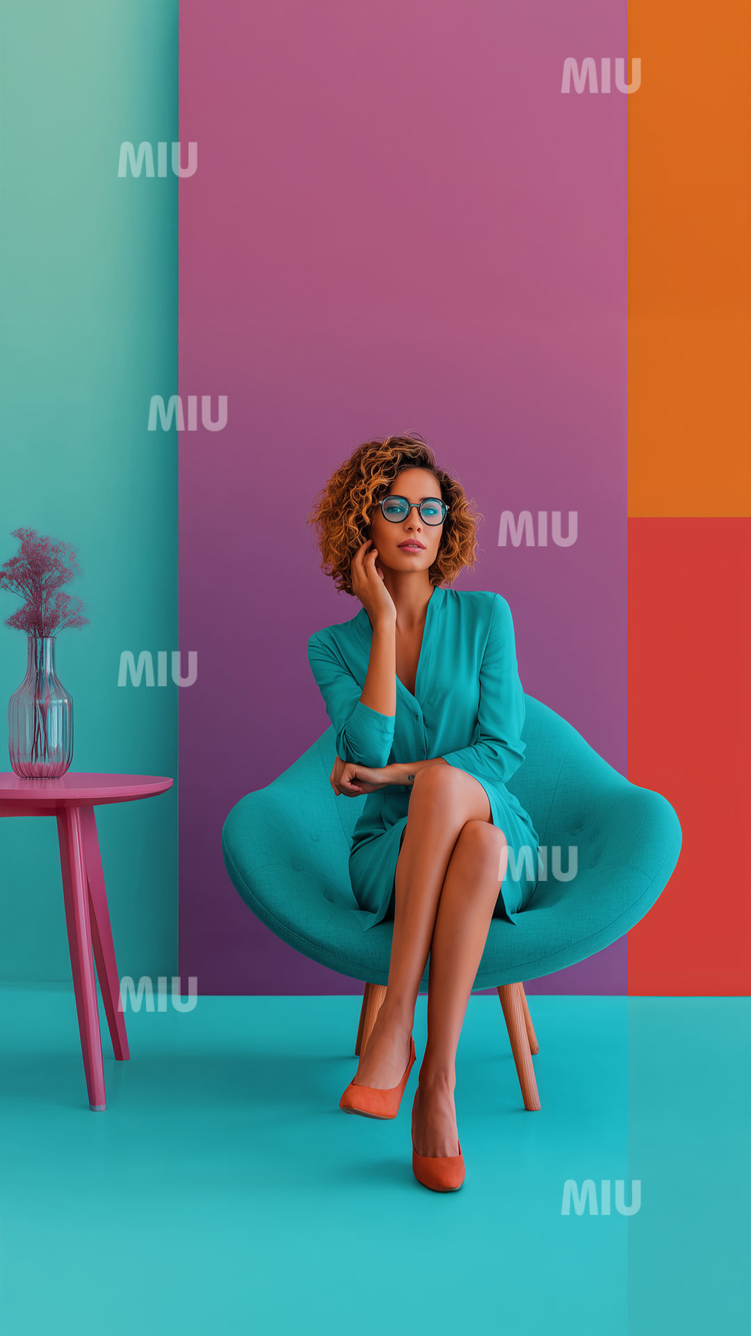 Entrepreneuse élégante assise dans un fauteuil, posture calme et assurée, illustrant la confiance sereine et la stabilité professionnelle.