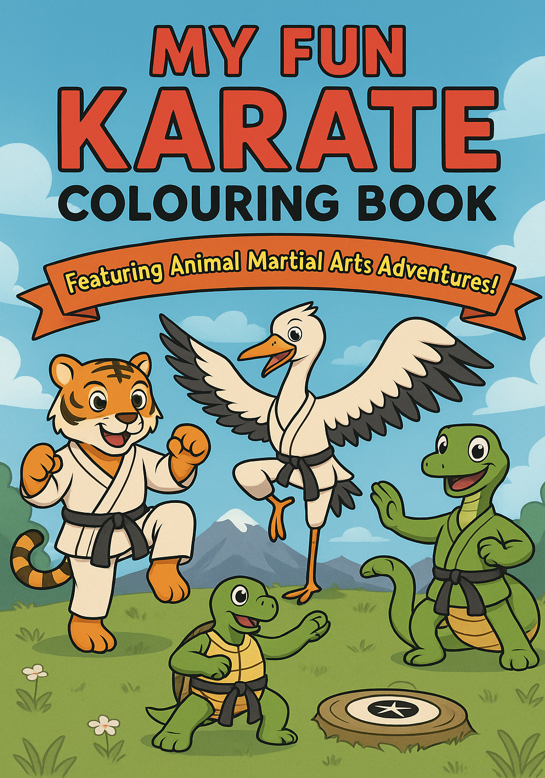 Kids karate colouring book cover featuring fun martial arts characters and dojo scenes