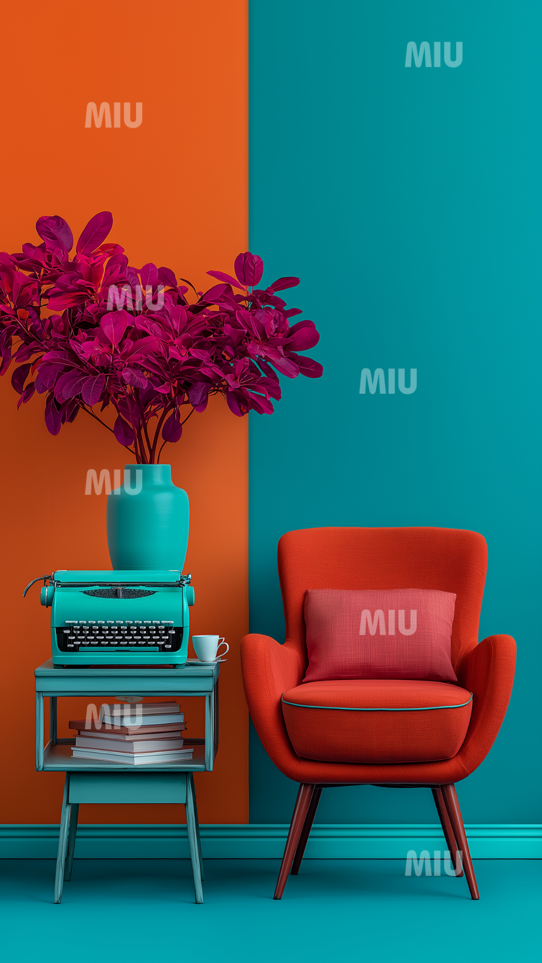 Coin lecture coloré et créatif avec fauteuil, machine à écrire et livres, ambiance inspirante et chaleureuse pour entrepreneuse.