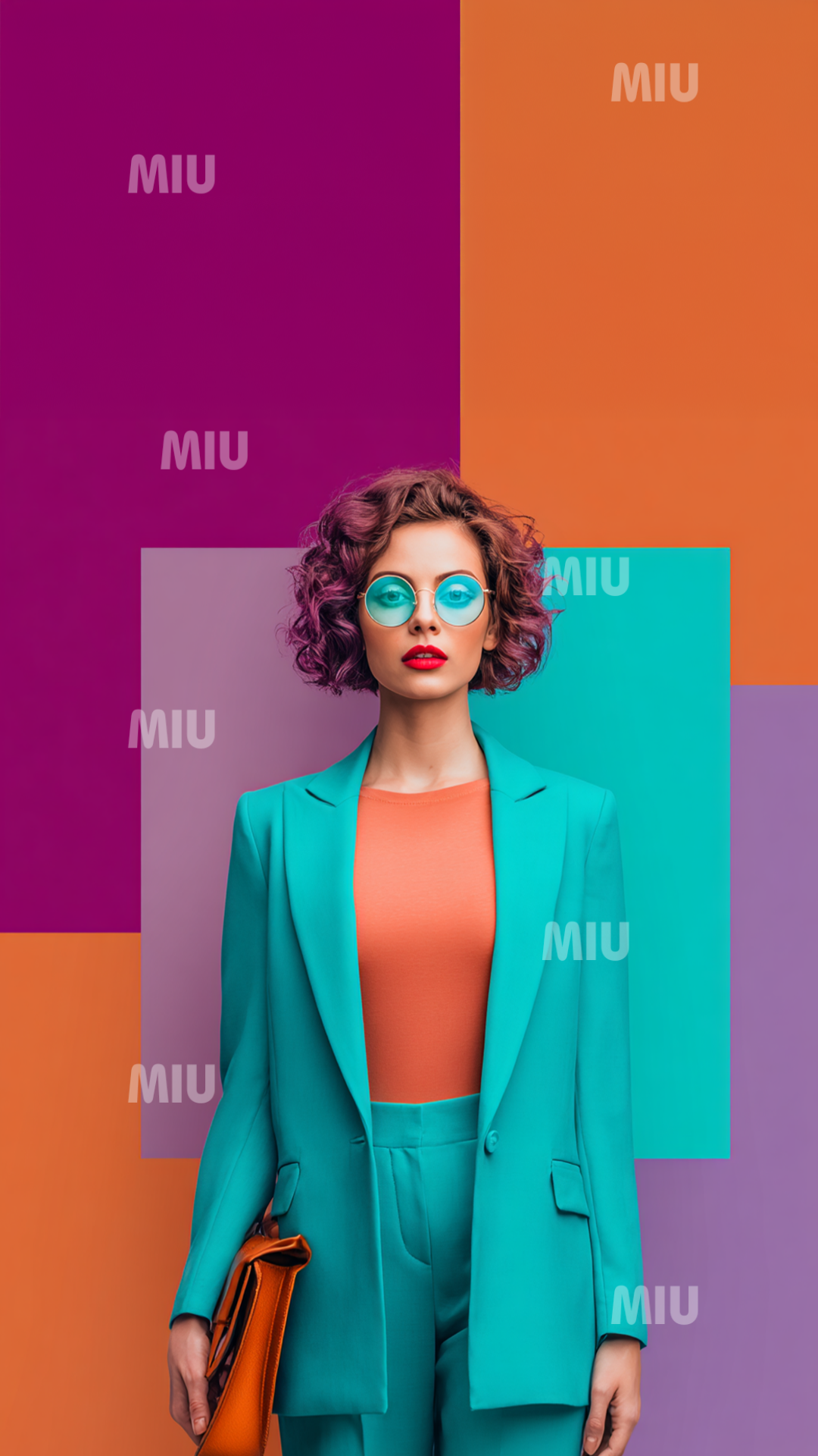Portrait d’une femme entrepreneuse élégante et confiante, tenue professionnelle moderne, univers coloré structuré dans les teintes MIU.