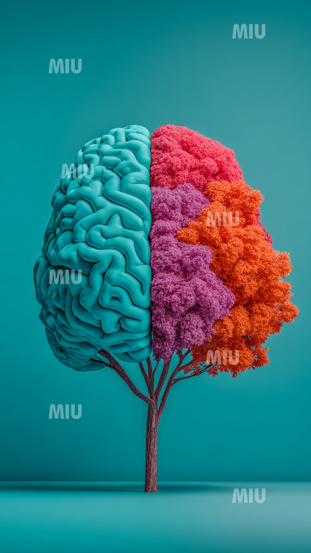Illustration artistique d’un cerveau créatif en forme d’arbre coloré, symbolisant l’équilibre entre logique et créativité, dans les couleurs MIU.