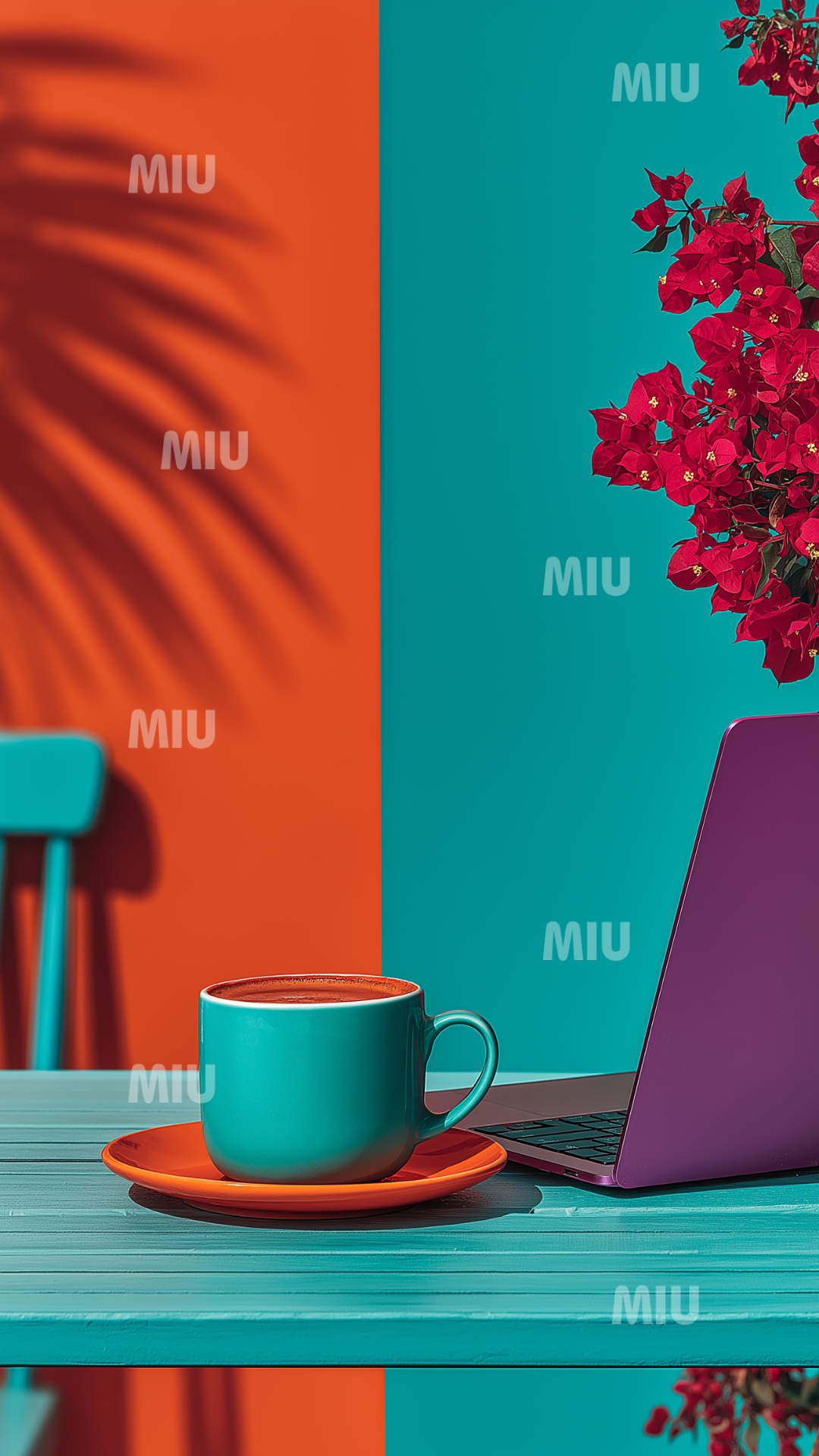 Tasse de café turquoise sur table colorée avec ordinateur portable, ambiance bureau créatif et focus productif, dans les couleurs MIU.