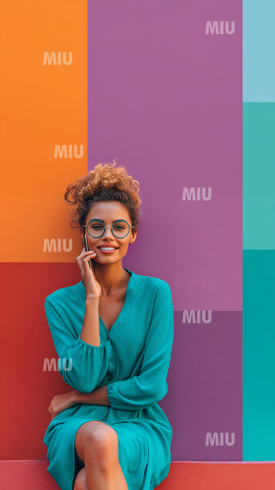 Femme entrepreneuse souriante au téléphone, ambiance professionnelle colorée et moderne, symbolisant un appel business confiant dans l’univers MIU.