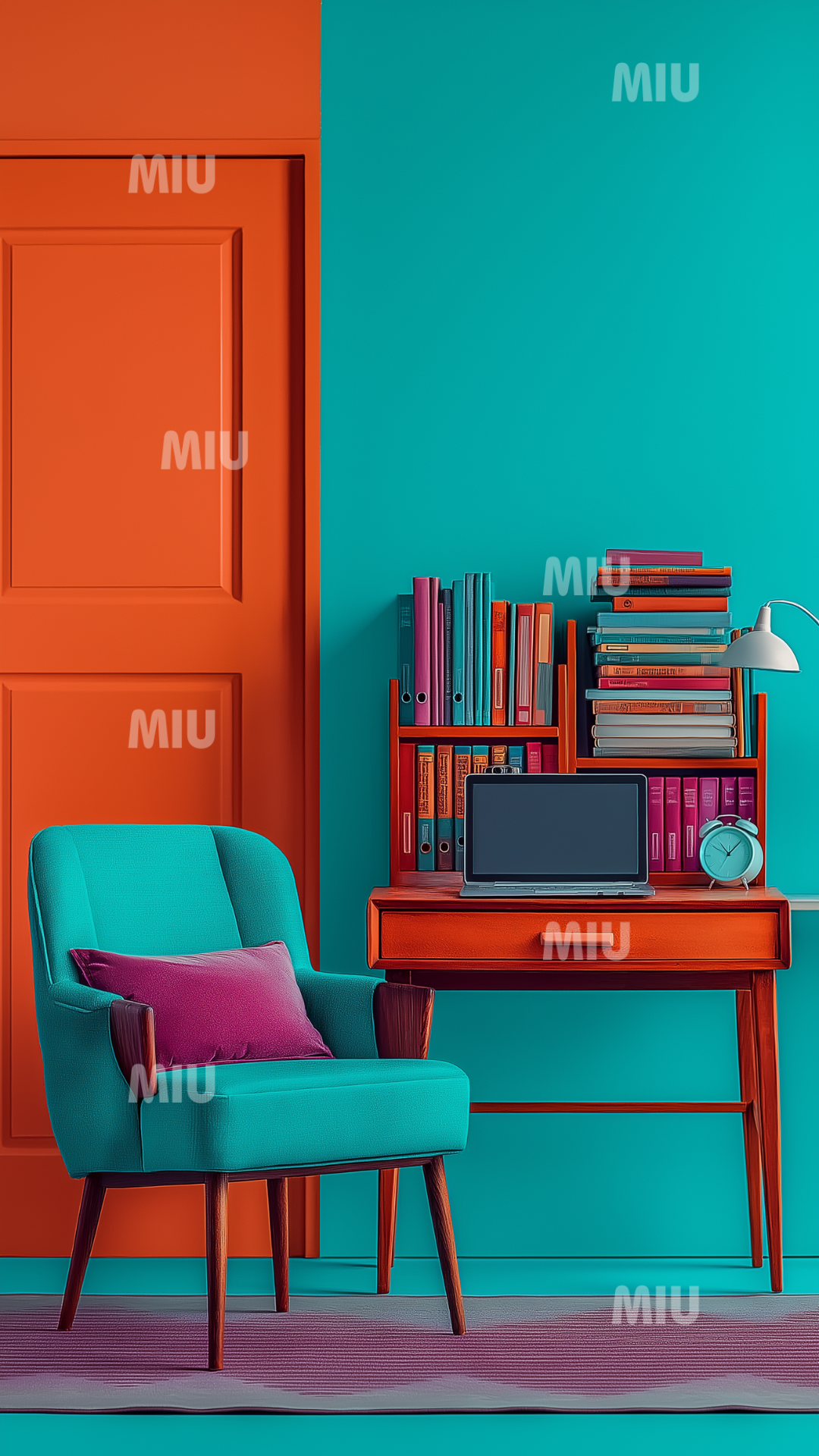 Espace de bureau créatif avec fauteuil turquoise, bureau organisé et livres colorés, ambiance professionnelle inspirante dans l’univers MIU.