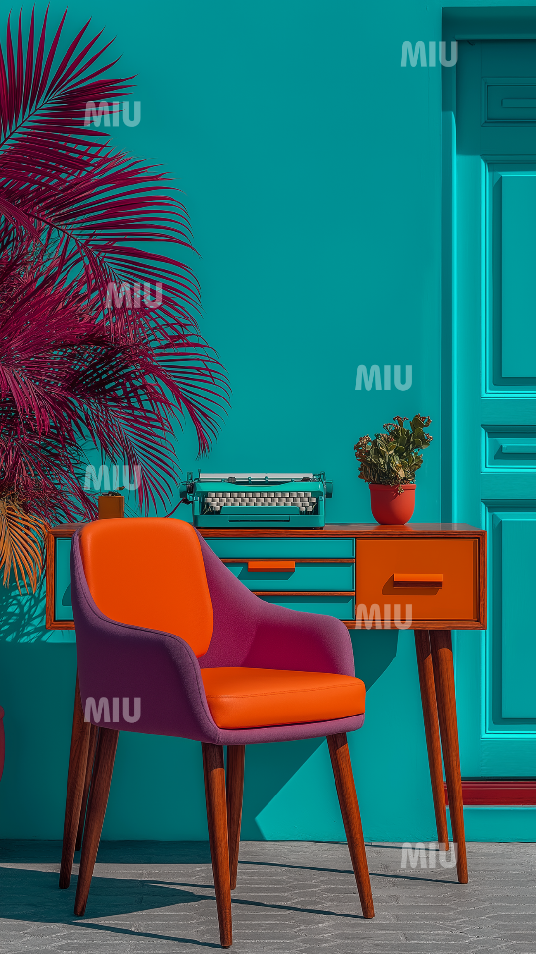Bureau créatif aux couleurs vintage avec fauteuil orange et violet, meuble rétro, machine à écrire et plantes décoratives dans un univers MIU.