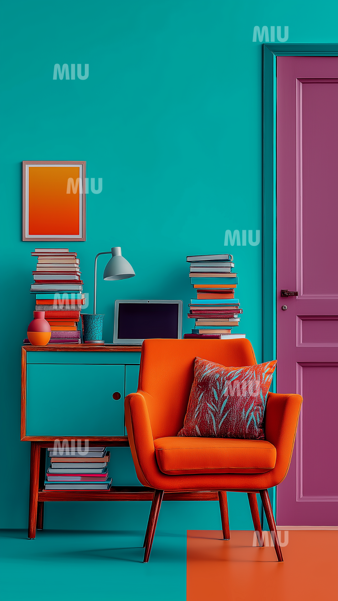Bureau créatif avec fauteuil orange, livres empilés et décoration moderne sur fond turquoise, ambiance design et inspirante.