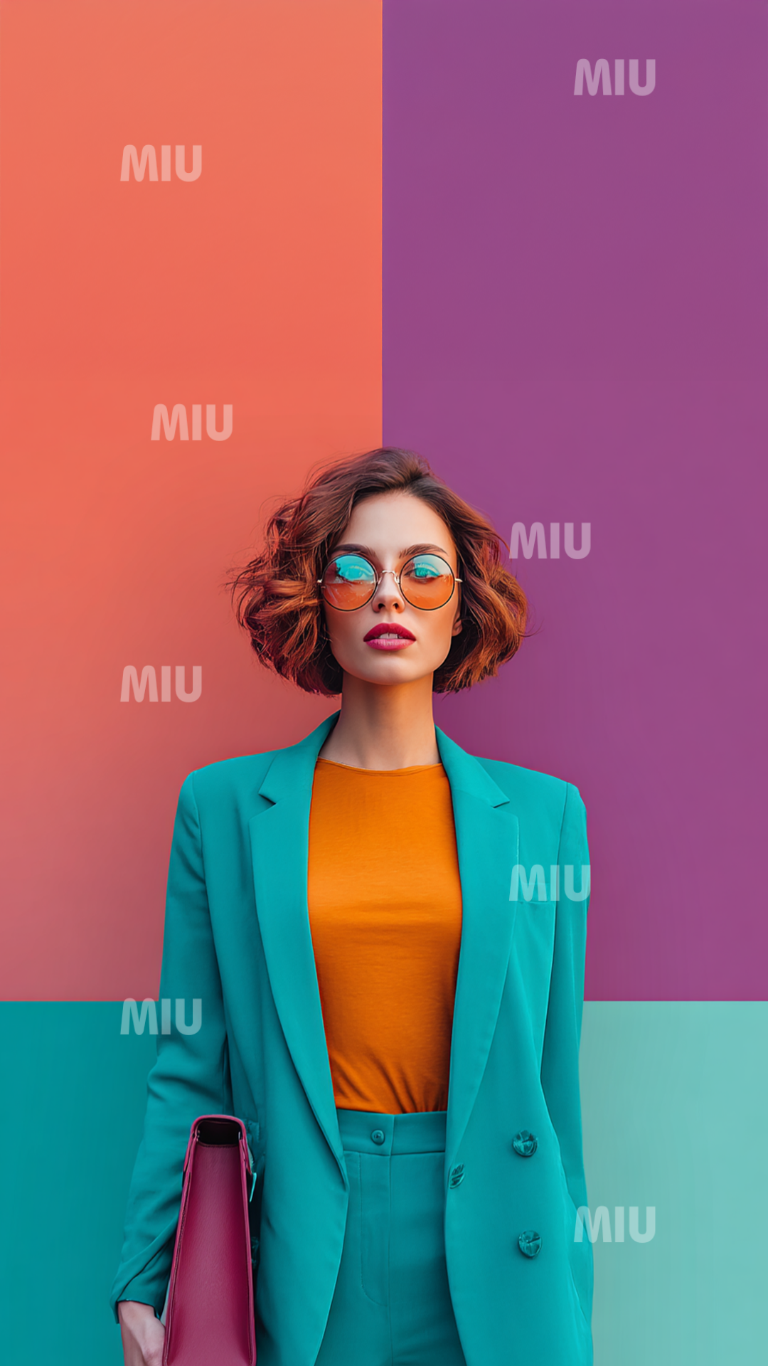 Femme entrepreneuse élégante et confiante portant un tailleur turquoise et un haut orange, fond graphique color
