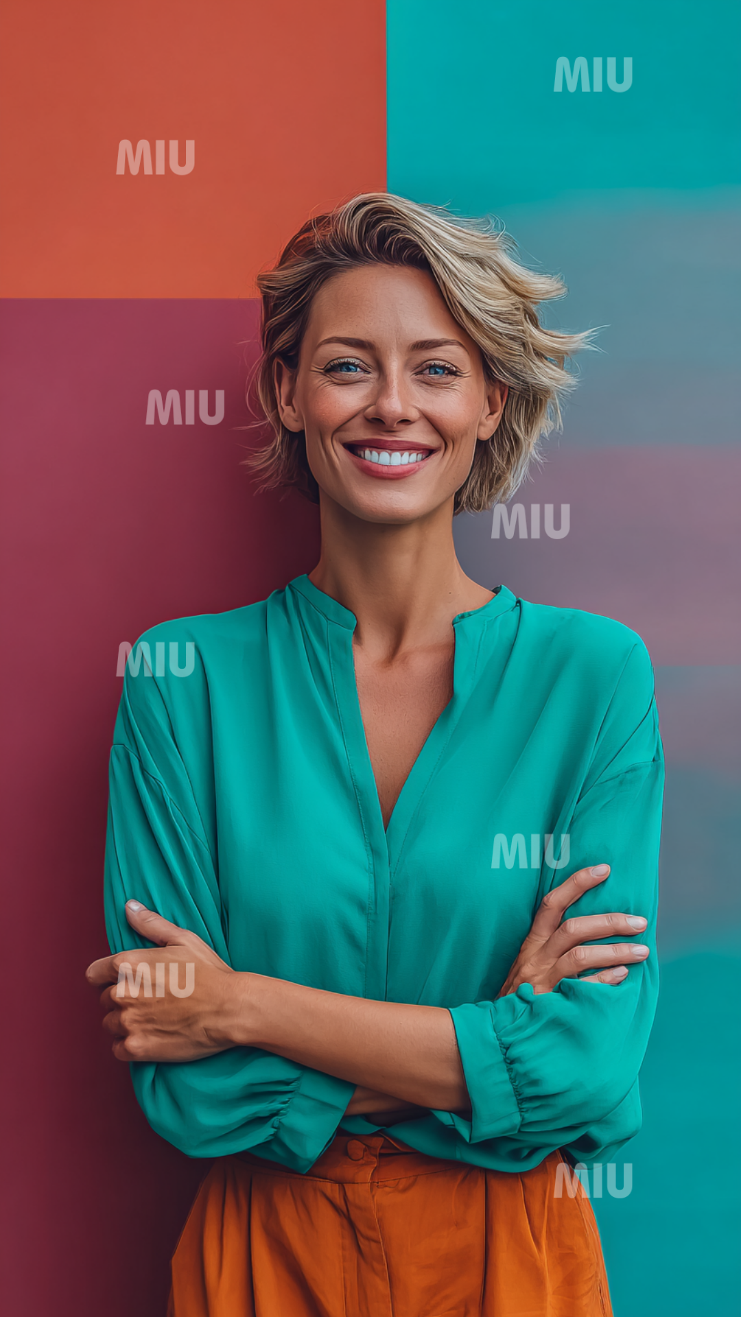Femme entrepreneuse souriante aux bras croisés, portant une blouse turquoise et un pantalon orange, fond graphique coloré, ambiance professionnelle et naturelle.