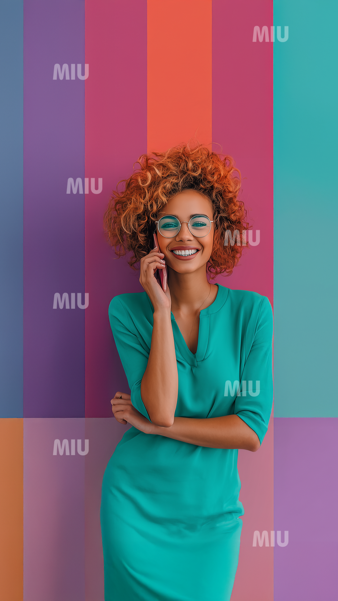 Femme entrepreneuse souriante parlant au téléphone, robe turquoise et lunettes, fond graphique multicolore, ambiance positive et professionnelle.