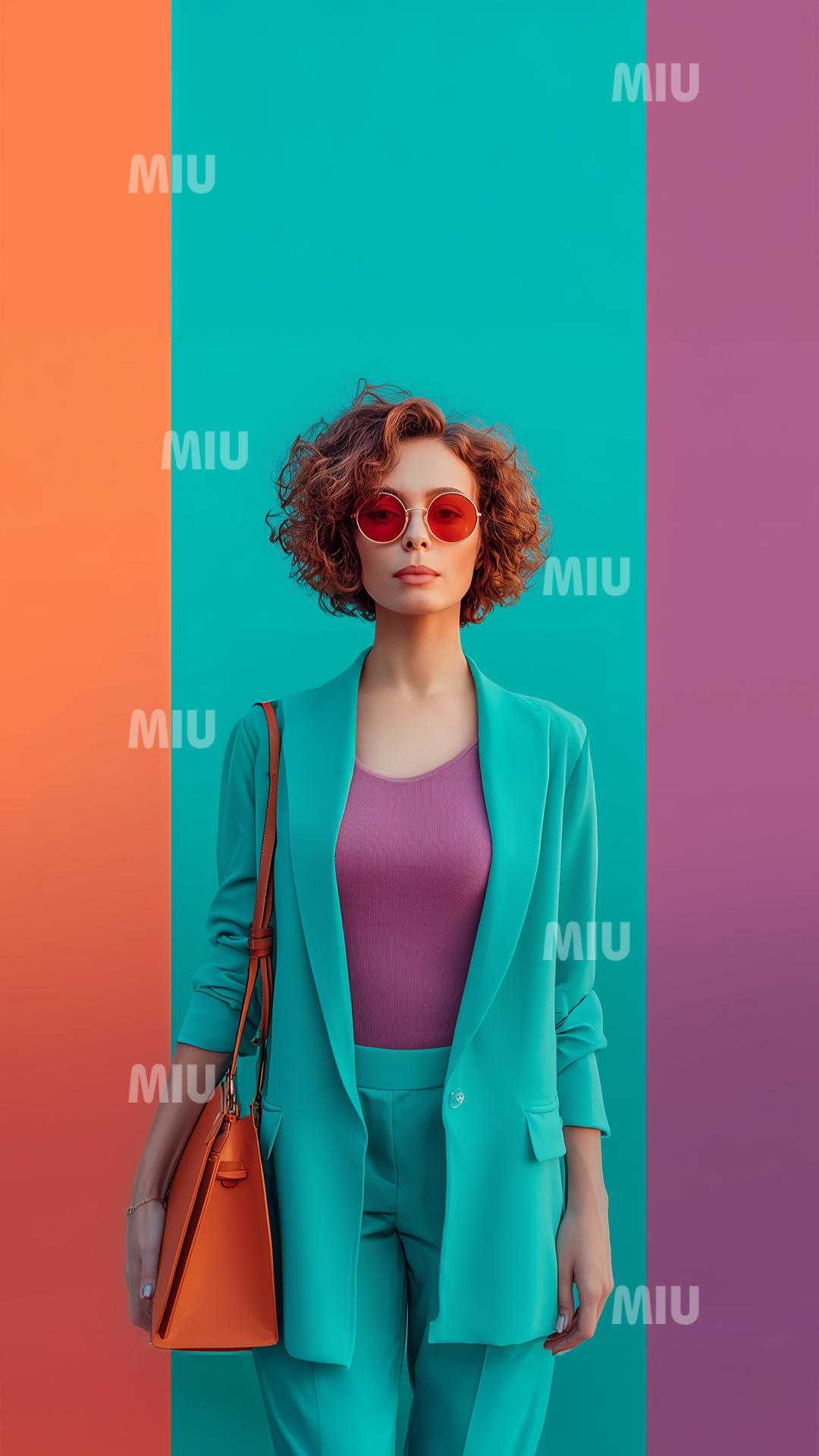 Femme entrepreneuse élégante portant un tailleur turquoise, lunettes rouges et sac orange, fond graphique coloré, ambiance audacieuse et stylée.