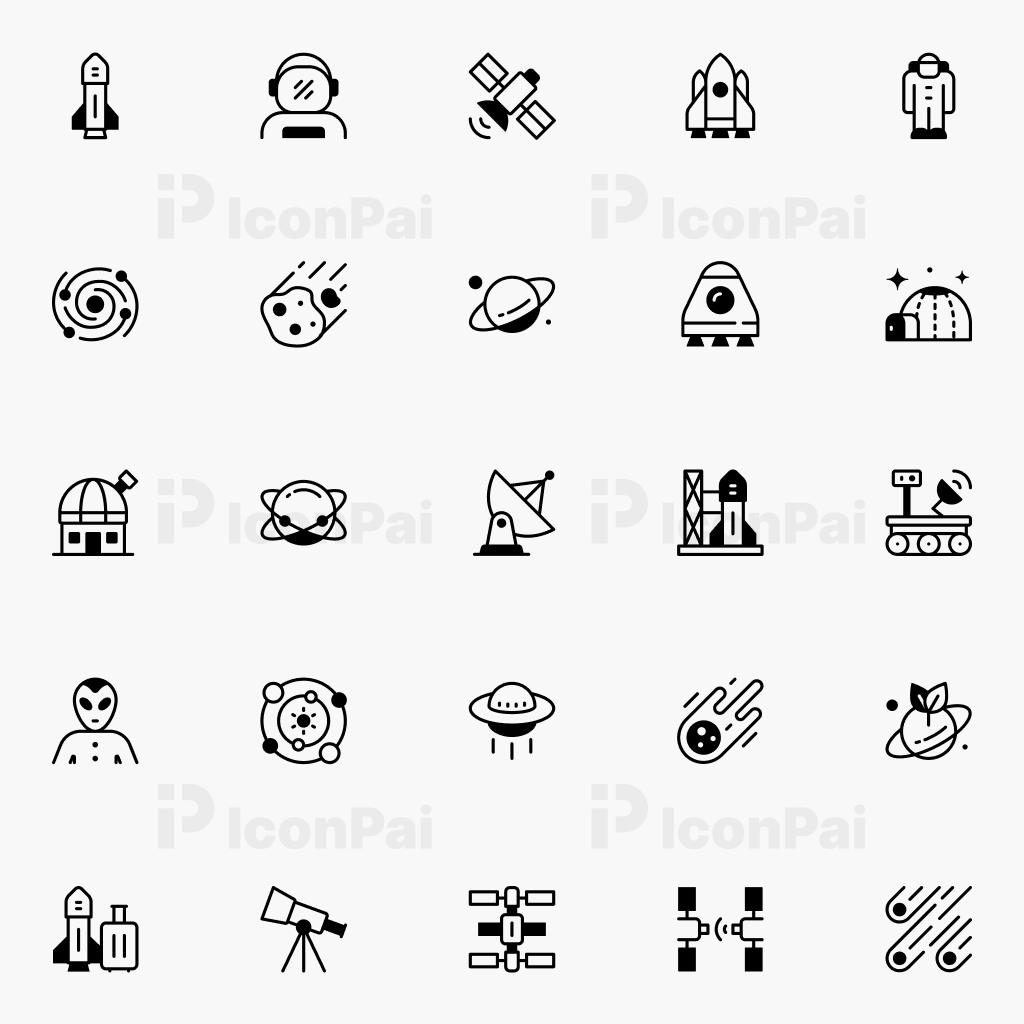 Space Exploration Icons – Half-filled style preview showing rockets, planets, and satellites.