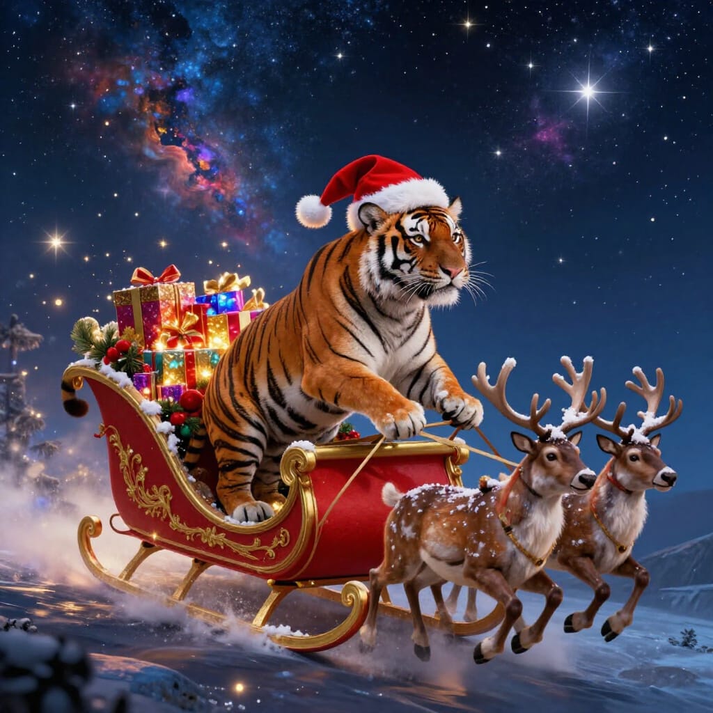 Tiger riding Santa's sleigh