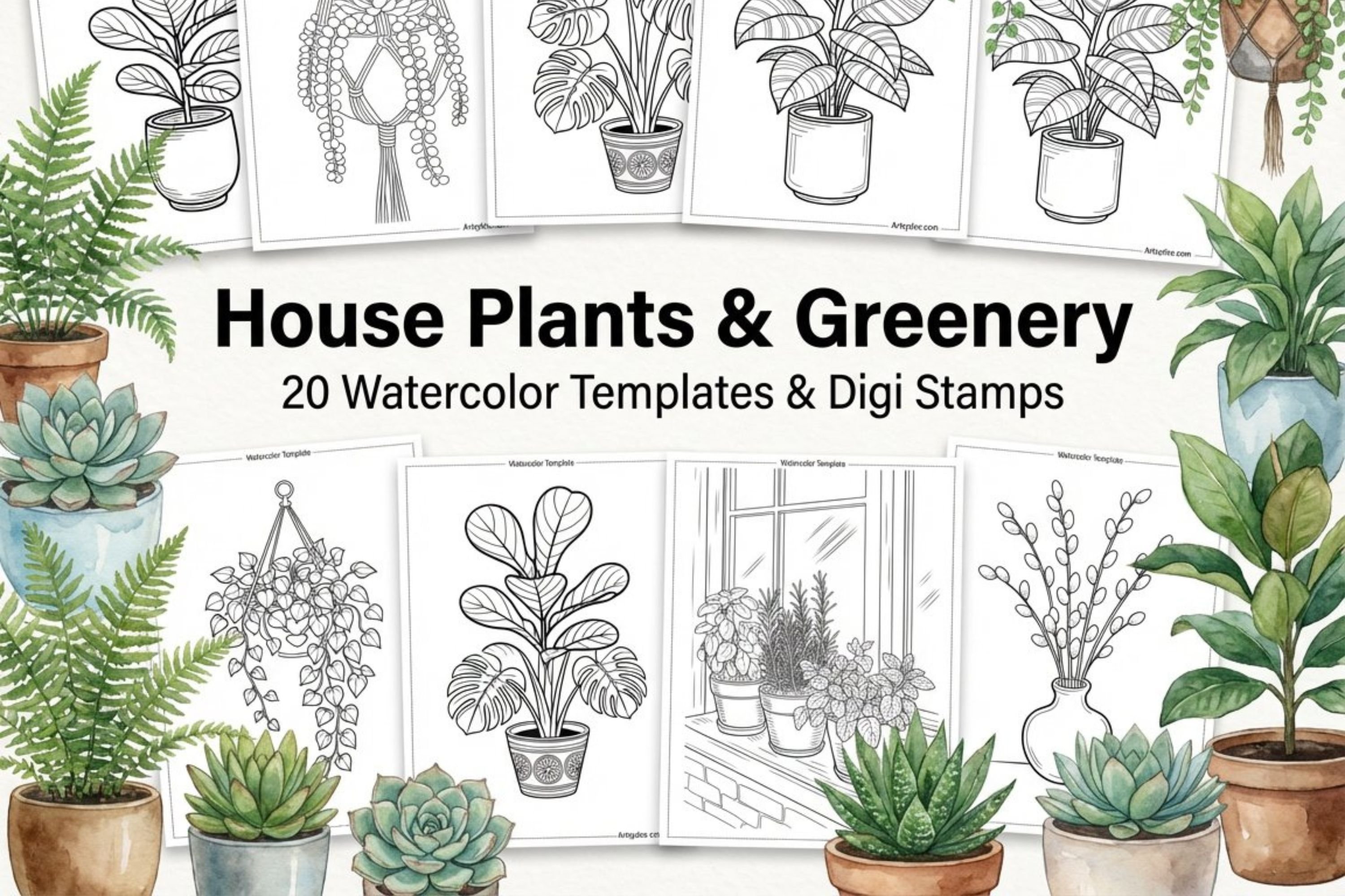 House Plants & Greenery Watercolour Templates