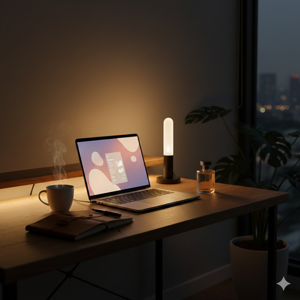 Luxury perfume bottle with AI digital workspace concept representing content monetization and digital income strategy.