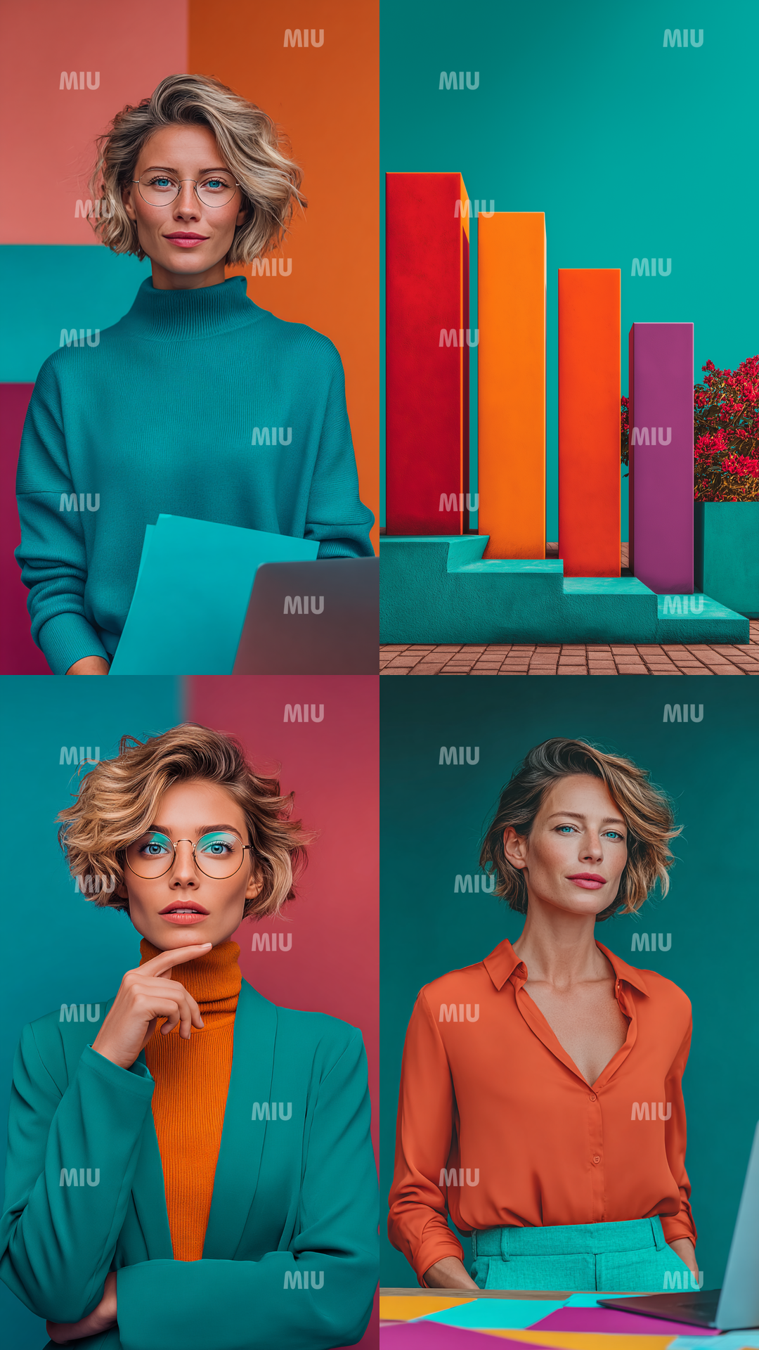 Pack Entrepreneuse Assurée Élégante – femme entrepreneuse élégante travaillant sur ordinateur portable dans un décor coloré