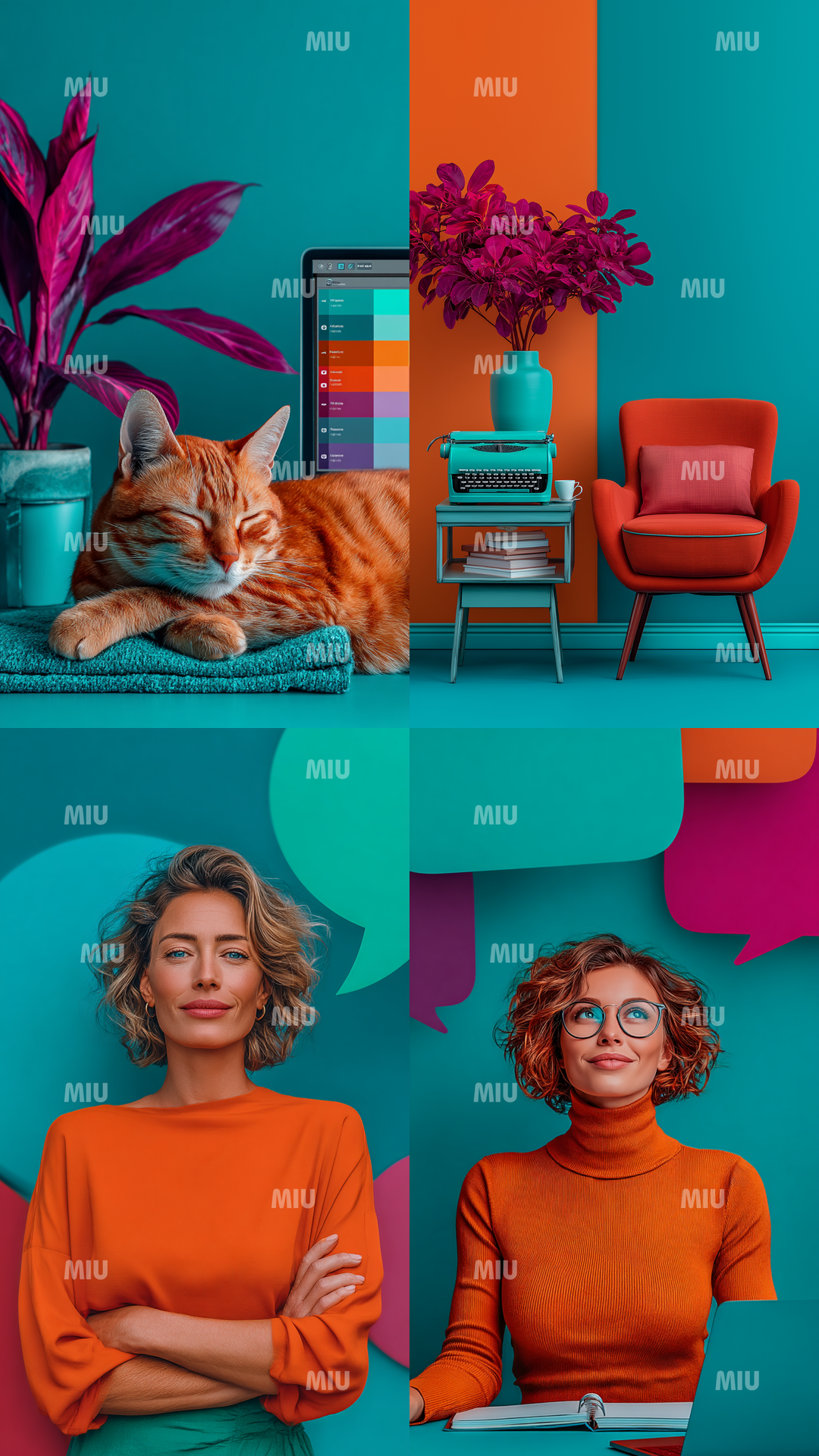 Pack Entrepreneuse Inspiration Douce – montage de 4 visuels : chat endormi, coin bureau décoratif, portrait entrepreneuse et scène avec bulles de dialogue