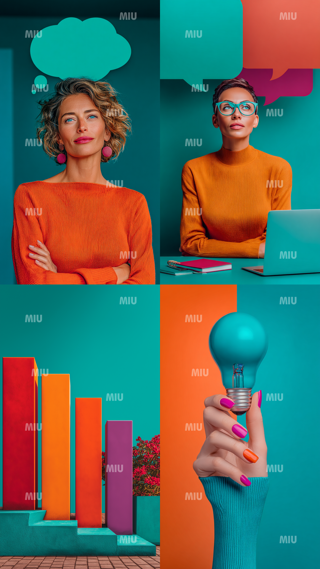 Pack Entrepreneuse Inspiration Douce – montage de 4 visuels : entrepreneuses avec bulles de pensée, graphique coloré et ampoule tenue en main