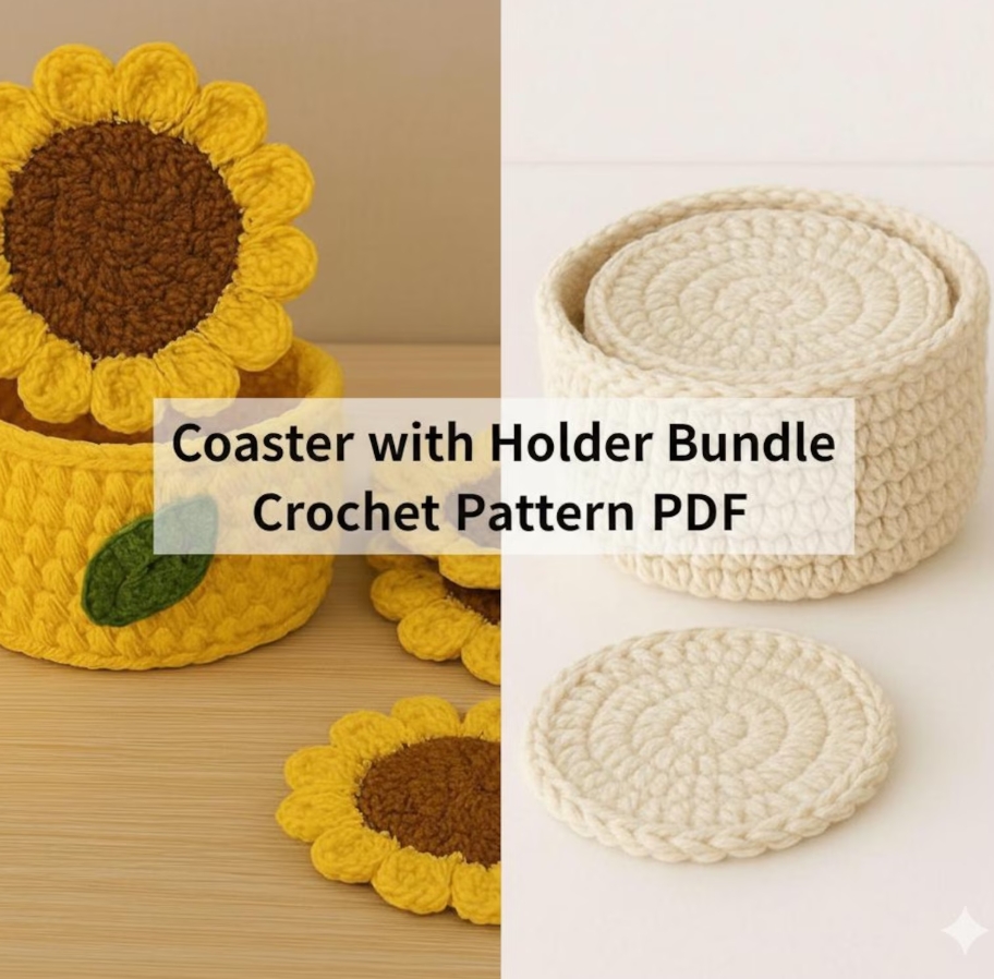 Crochet Pattern Bundle: Beginner Coaster Holder & Sunflower Coaster Basket