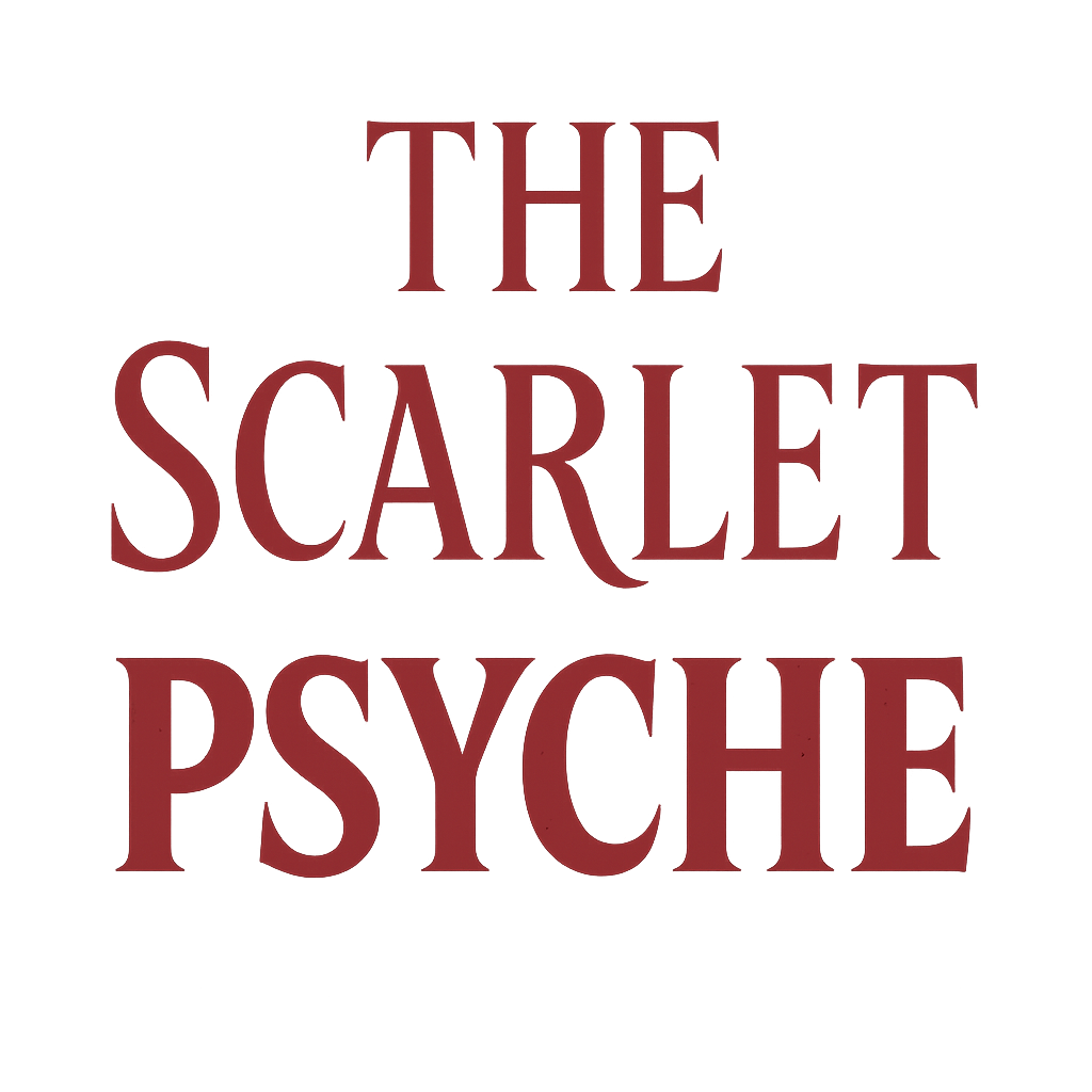 The Scarlet Psyche logo, a luxury dark feminine digital brand exploring psychology, myth, power, and self devotion through curated digital products and visual storytelling.