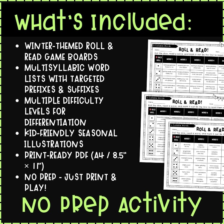 Winter Roll and Read Multisyllabic Words Game | Prefixes & Suffixes ...