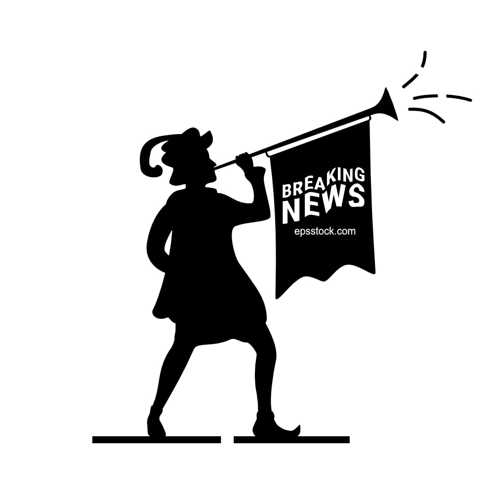 Breaking news headline, Herald with trumpet , black isolated silhouette