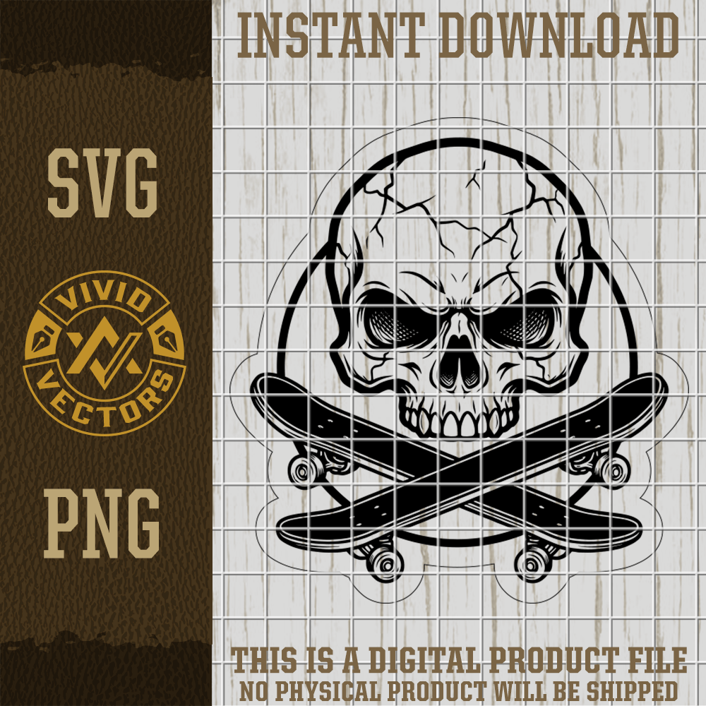 skateboard skull crossed skateboards svg png skater skull vector logo laser engraving cut file for hats shirts patches