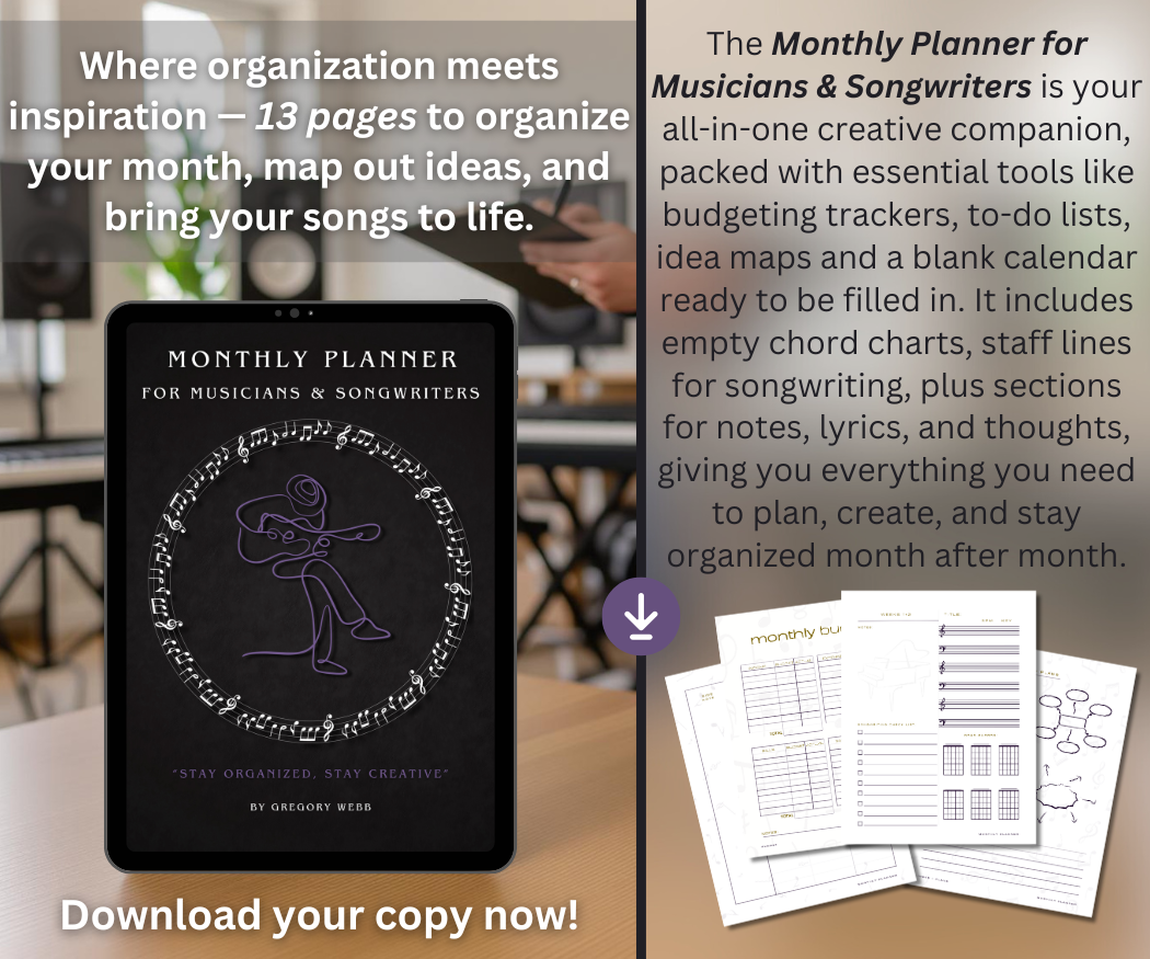 Planner for musicians, music producers, songwriters, composers, indie artists and general music creation. Stay Organized, Stay Creative