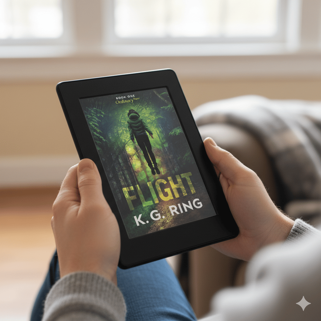 Book cover displayed on e-reader held in a persons hands.