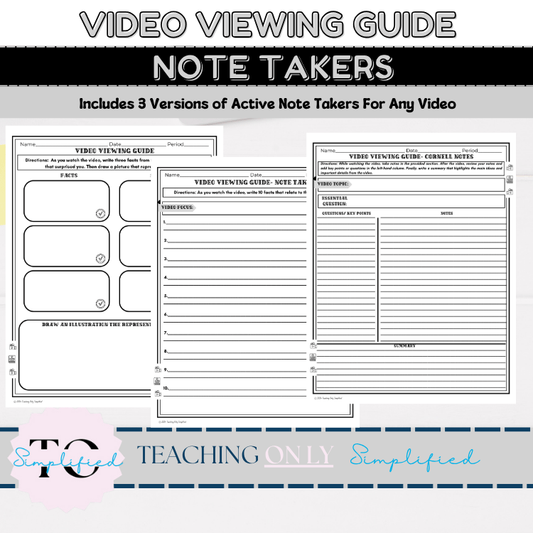 Video Viewing Guides Movie Note Takers All Content Areas Grades 5-12