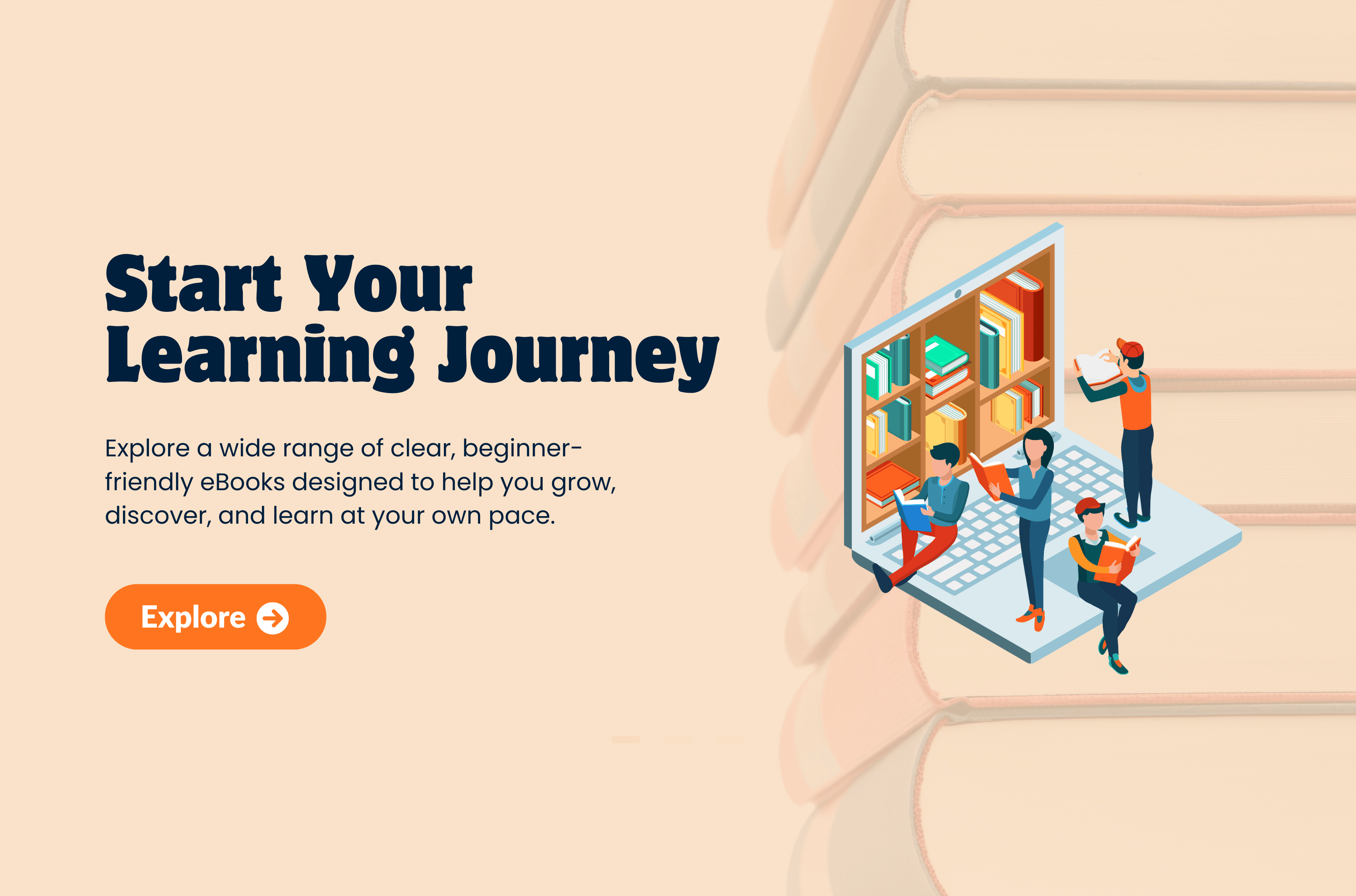 Start your learning journey with Pravn beginner-friendly ebooks. The image shows learners exploring digital books through an interactive library illustration, highlighting easy-to-understand content designed to help users grow, discover, and learn at their own pace with Pravn digital ebooks.