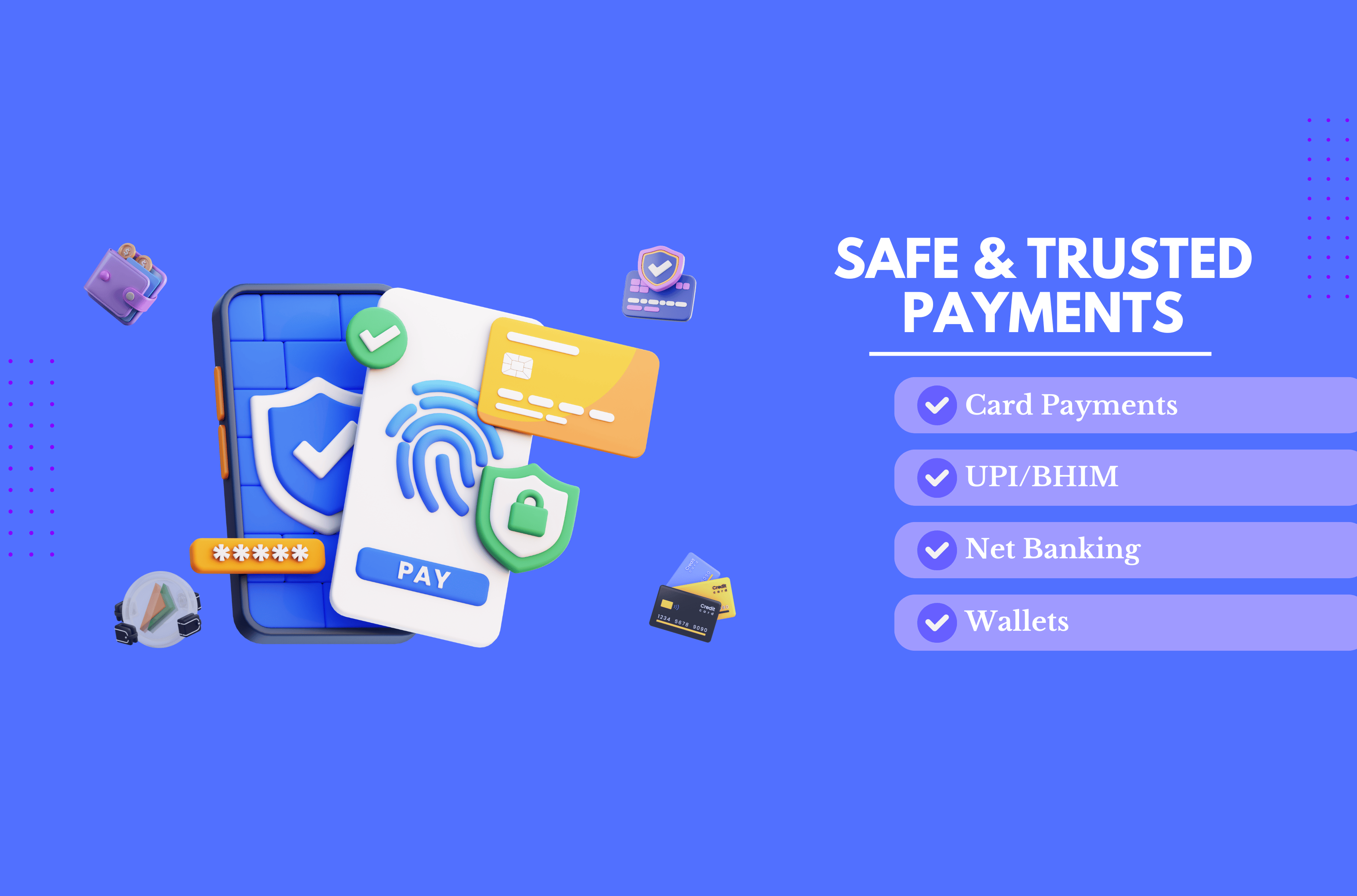 Secure and trusted payment options on the Pravn website, illustrated with digital wallet, fingerprint authentication, and payment card icons. The image highlights safe online payments through UPI/BHIM, net banking, wallets, and card payments, ensuring a smooth and secure checkout experience for purchasing Pravn digital products and ebooks.