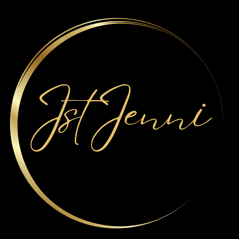 JstJenni logo featuring elegant gold script lettering inside a minimalist gold crescent circle on a black background, representing creativity, self-discovery, and personal growth.