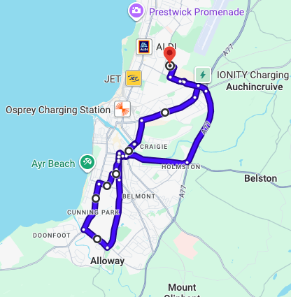 Ayr Driving Test Centre practice routes shown on Google Maps