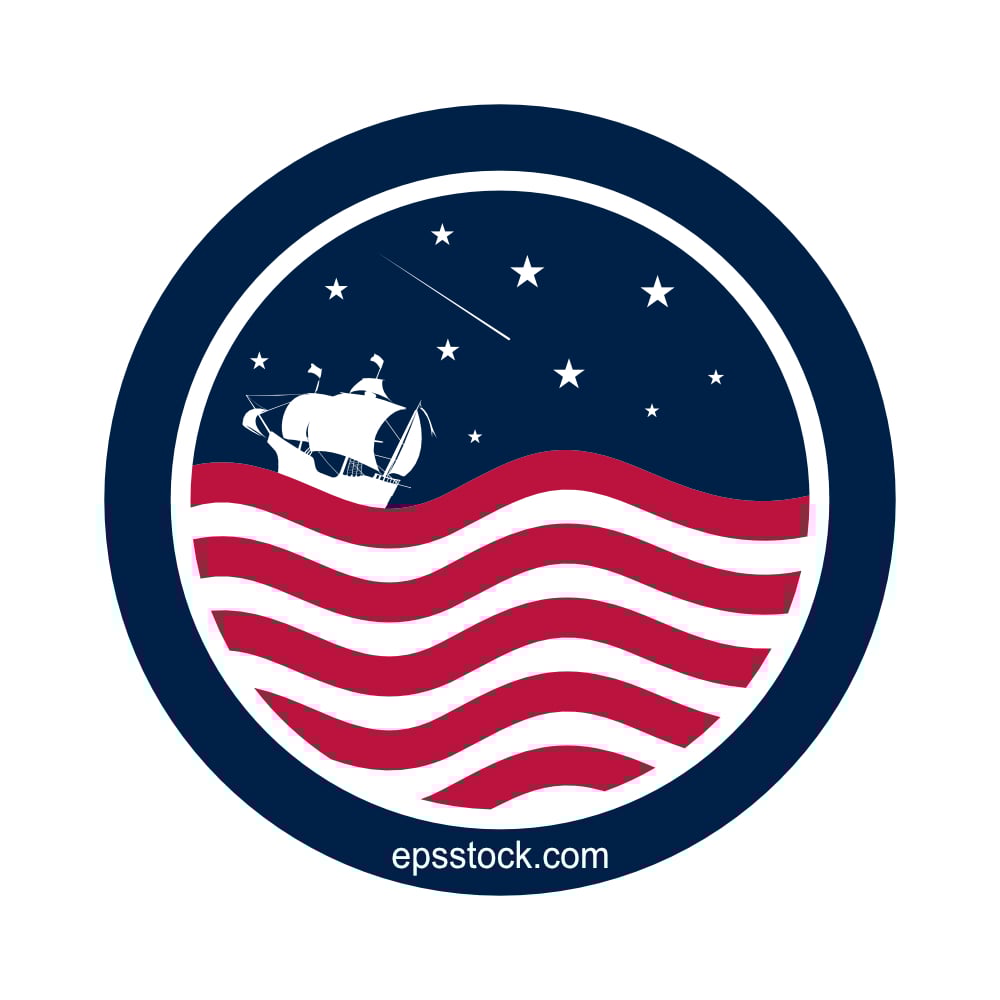 The US Navy flag logo. A ship crossing the ocean in a night landscape.
