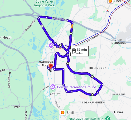 Uxbridge (London) Driving Test Centre practice routes shown on Google Maps