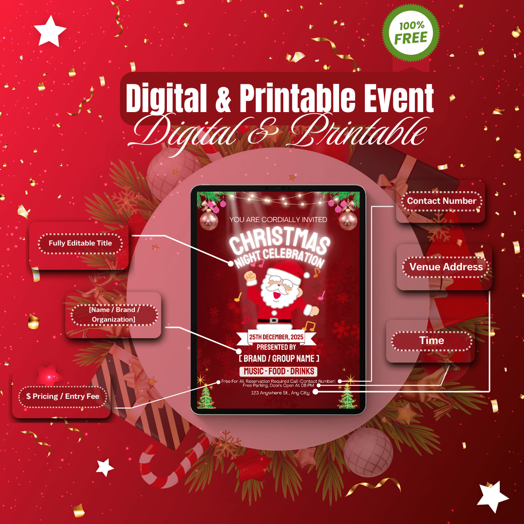 Free 2025 Christmas Party Template. Fully editable, printable, and digital invite. Features Santa, festive ornaments, and customizable text fields for time, venue, and contact.
