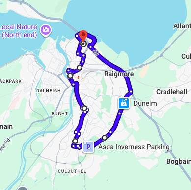 Inverness (Longman Drive) Driving Test Centre practice routes shown on Google Maps