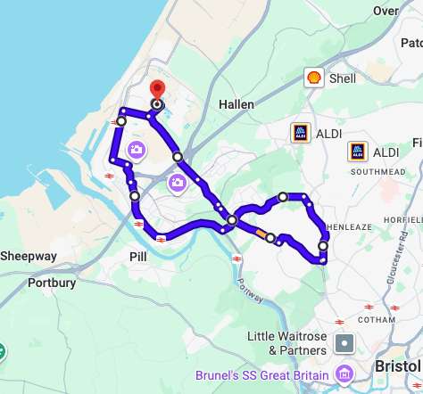 Bristol (Avonmouth) Driving Test Centre practice routes shown on Google Maps