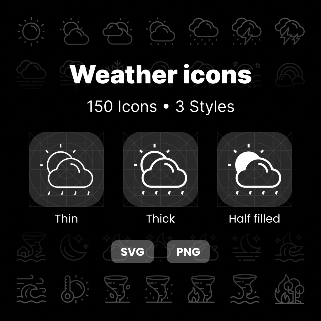 Weather icons pack showing 50 weather symbols in thin, thick, and half-filled styles.