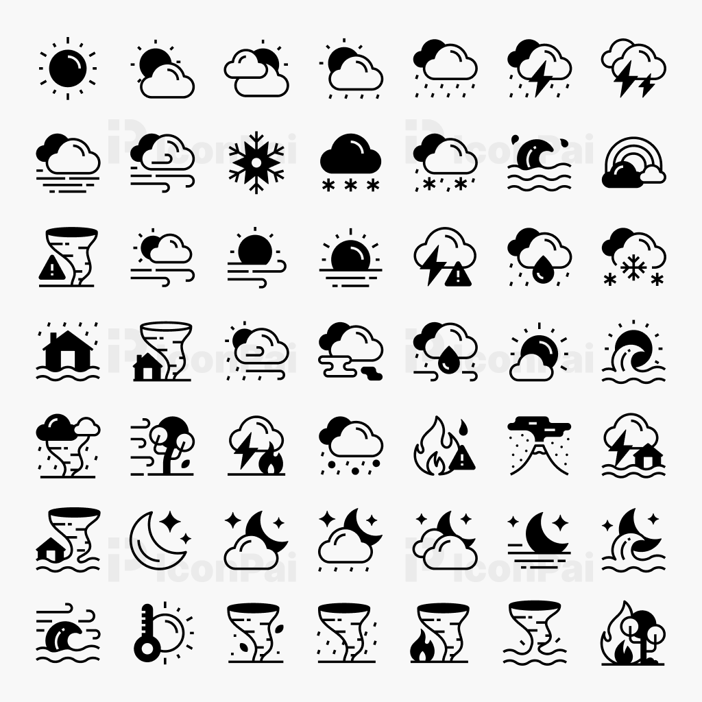 Half-filled weather icons for modern weather apps and interfaces.