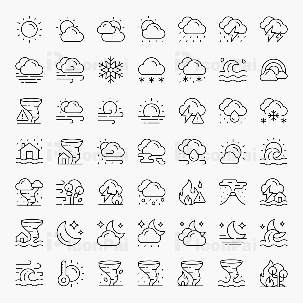 Thin line weather icons for forecast apps and weather dashboards.