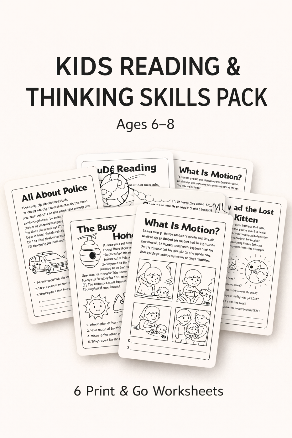 Reading Comprehension Made Easy (Ages 6–8) 6 Print & Go Worksheets for Confident Readers